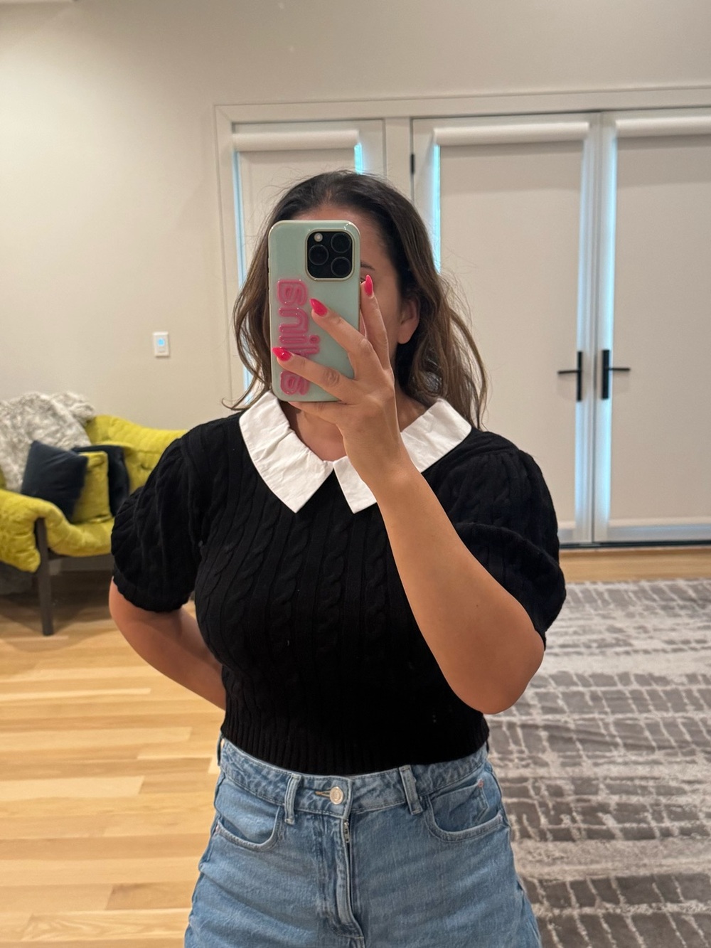 Central Park West Black Short-Sleeve Knit Top with White Peter Pan Collar